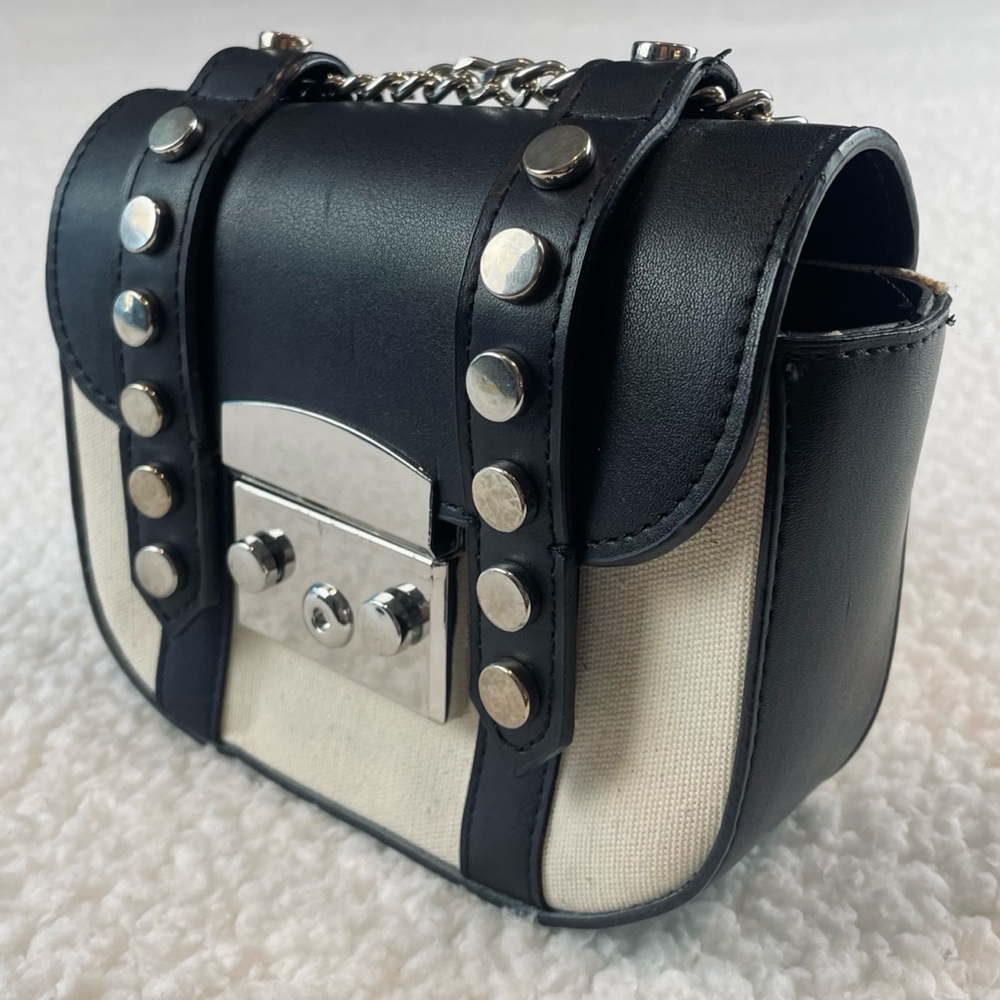 ZARA • Black/Cream Faux Leather and Canvas Studded Mini Chainlink Crossbody Bag - Picture 3 of 16